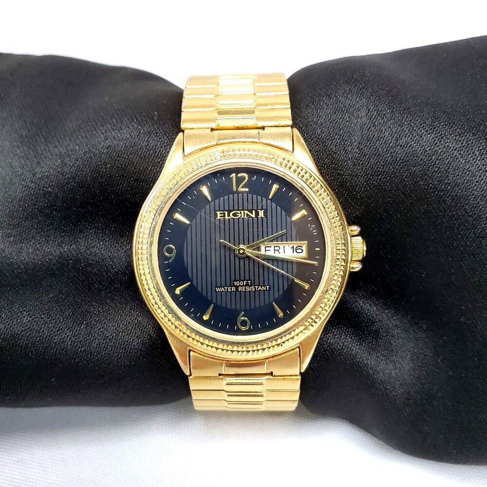 Elgin II Gold-Tone Mens Watch Black Dial Day & Date Display Water Resistant - Picture 4 of 11